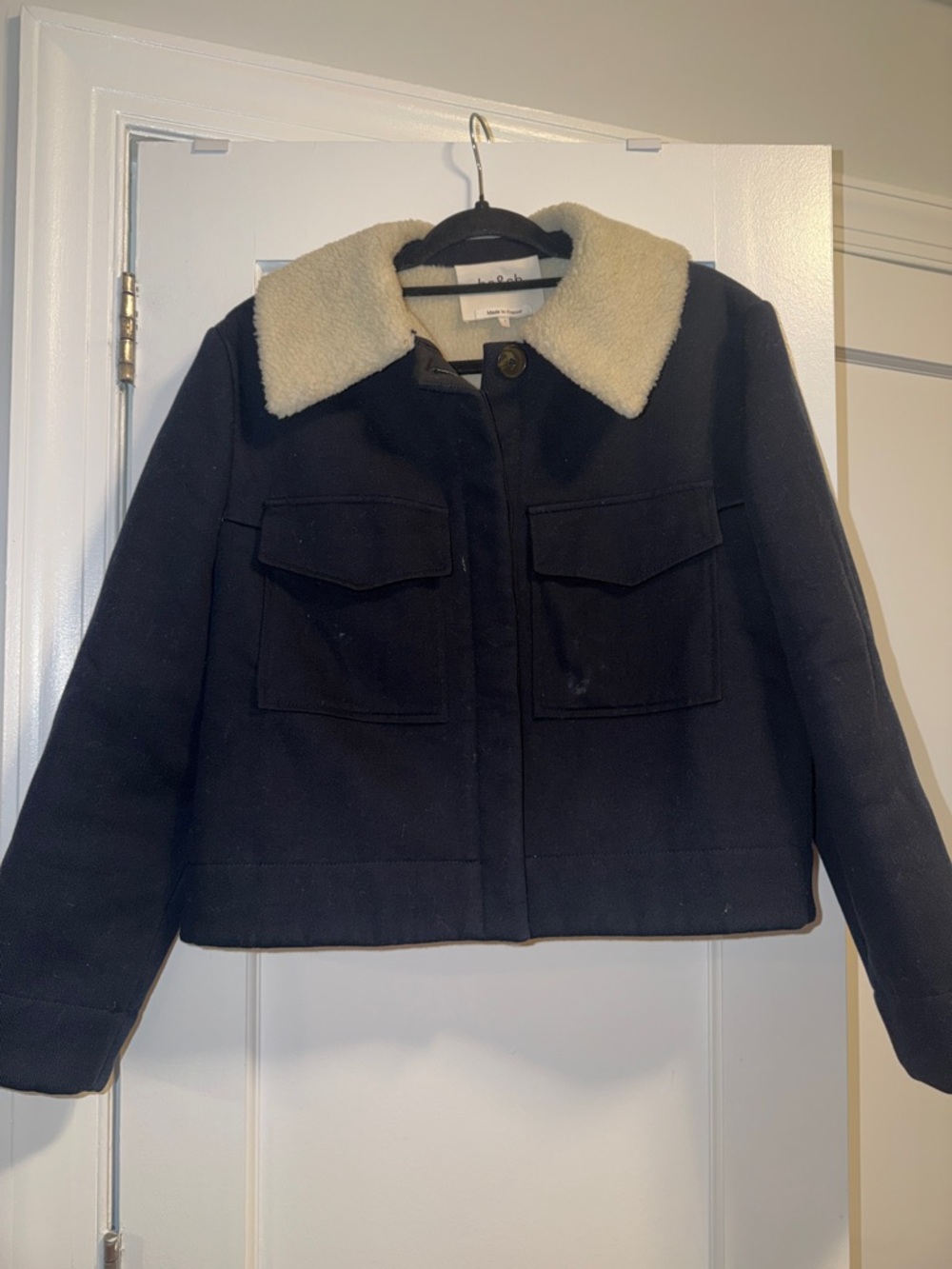 ba&sh Navy Bomber Jacket with Cream Sherpa Collar